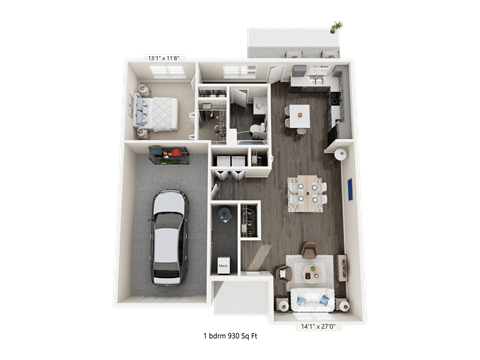 Floor plan for 1 bed, 1 bath, 970 sqft